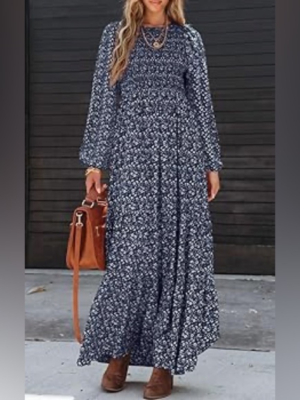 Floral Navy Maxi Dress with Long Sleeves